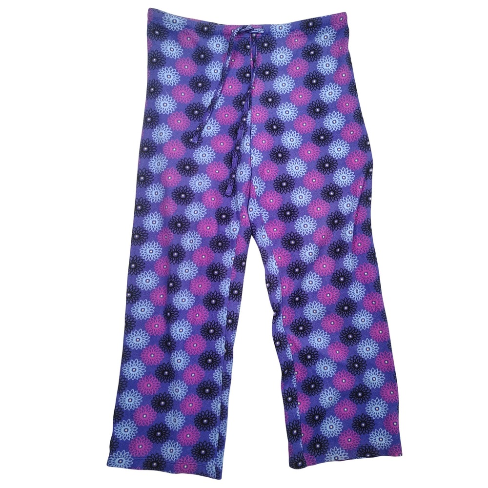 Axcess Pajama Pants Womens‎ Medium Purple Floral Fleece Drawstring Liz Claiborne